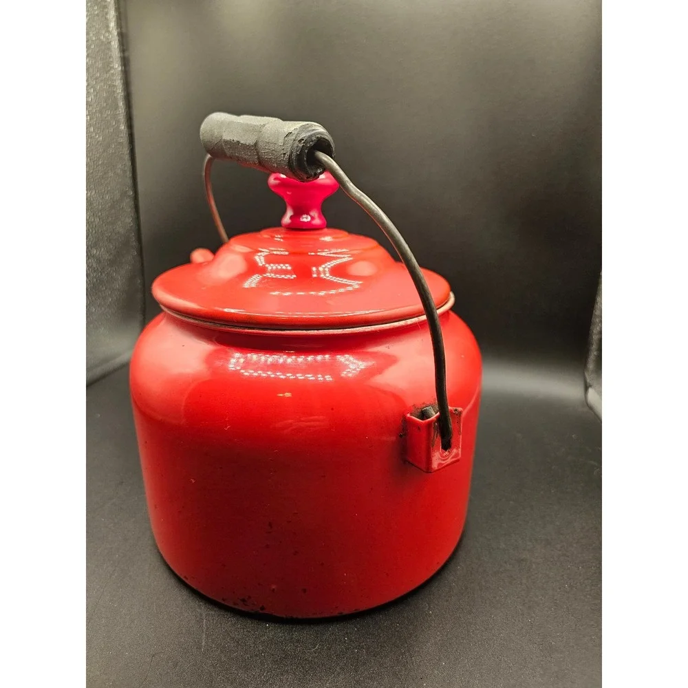 Vintage Red Enamel Tea Kettle Rustic Farmhouse Stovetop Decor Wood Handle XX